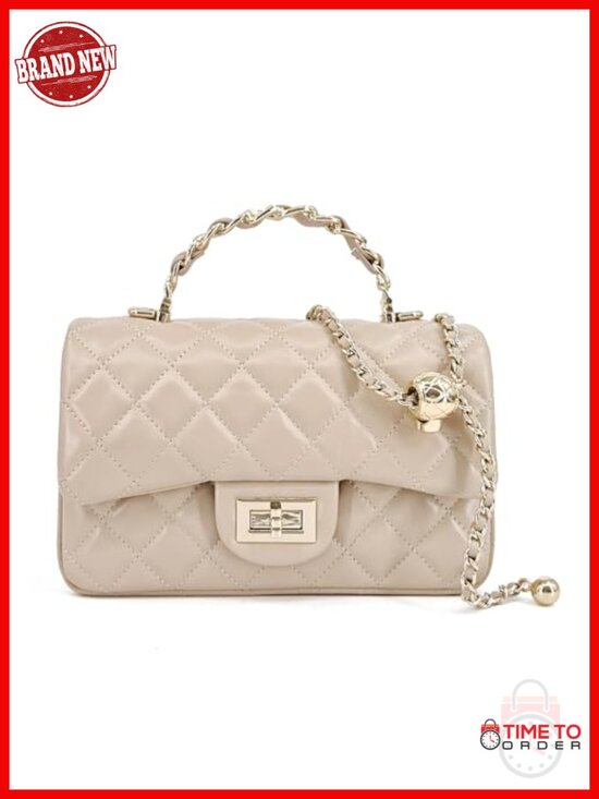 Handbags - Small Quilted Crossbody Bag with Gold Chain Strap, Leather Shoulder Purse